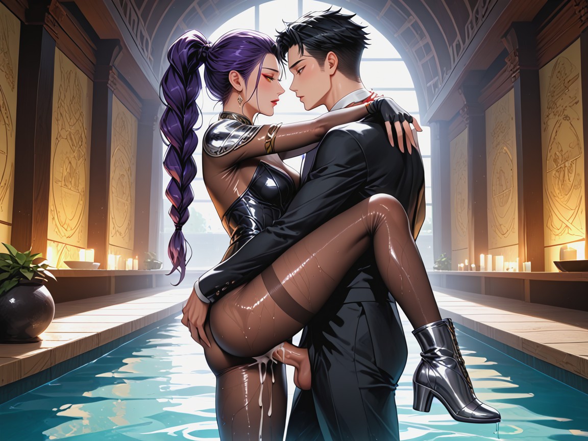 Duo, One Woman, Massive Knee Length Braided High Ponytail Hentai IA