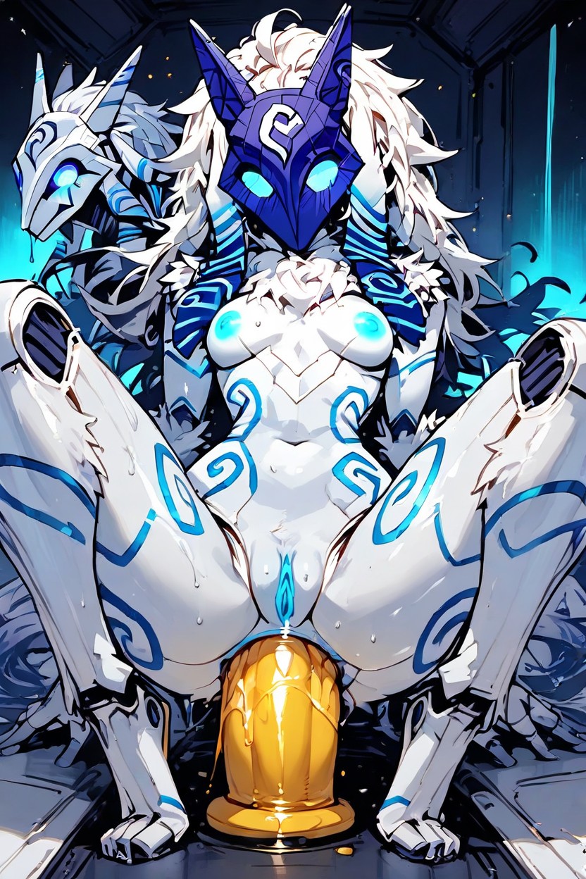 Metal Body, Glowing Blue Liquid Pouring From Pussy, Sitting Down Legs Spread Furry AI Porn