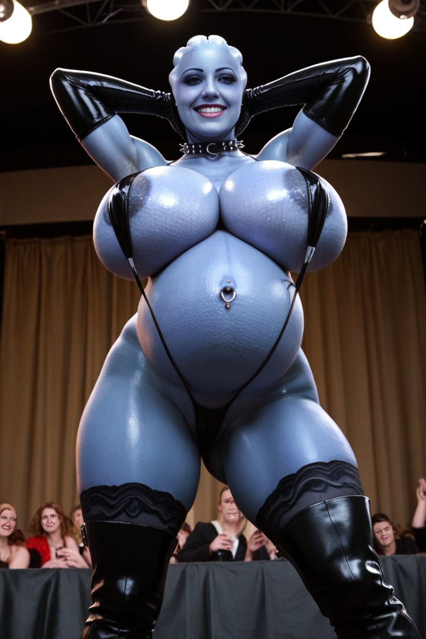 Huge Perfect Round Tits, Popped Navel, Hands Behind Head Looks At The Viewer AI Porn