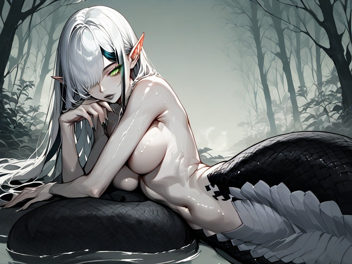 Snake Lower Body, Bangs Over Eye, Breasts Visible AI Porn