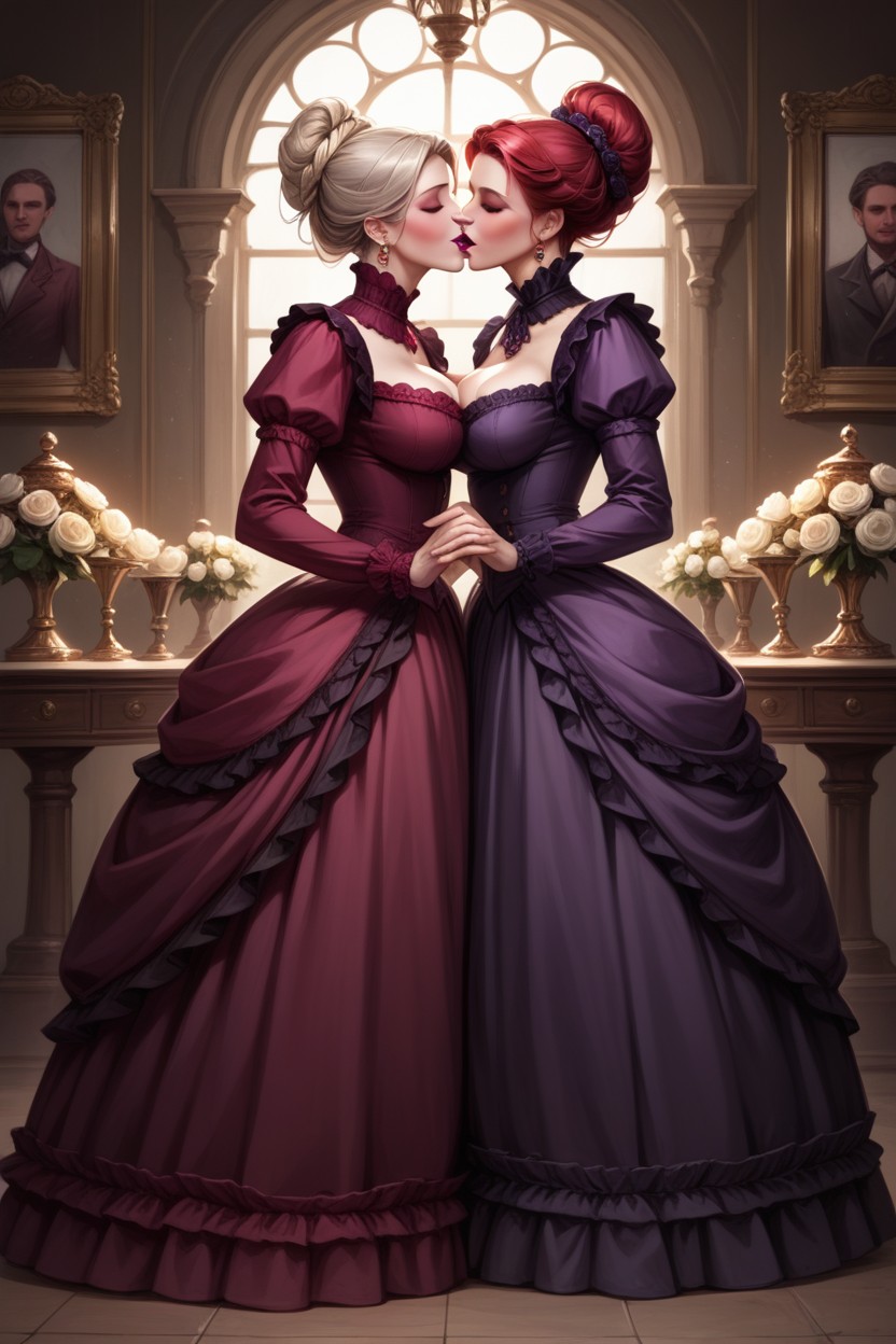 Necklines, Victorian Dress, Crimson Dress With Gold Ornaments Hentai AI Porn