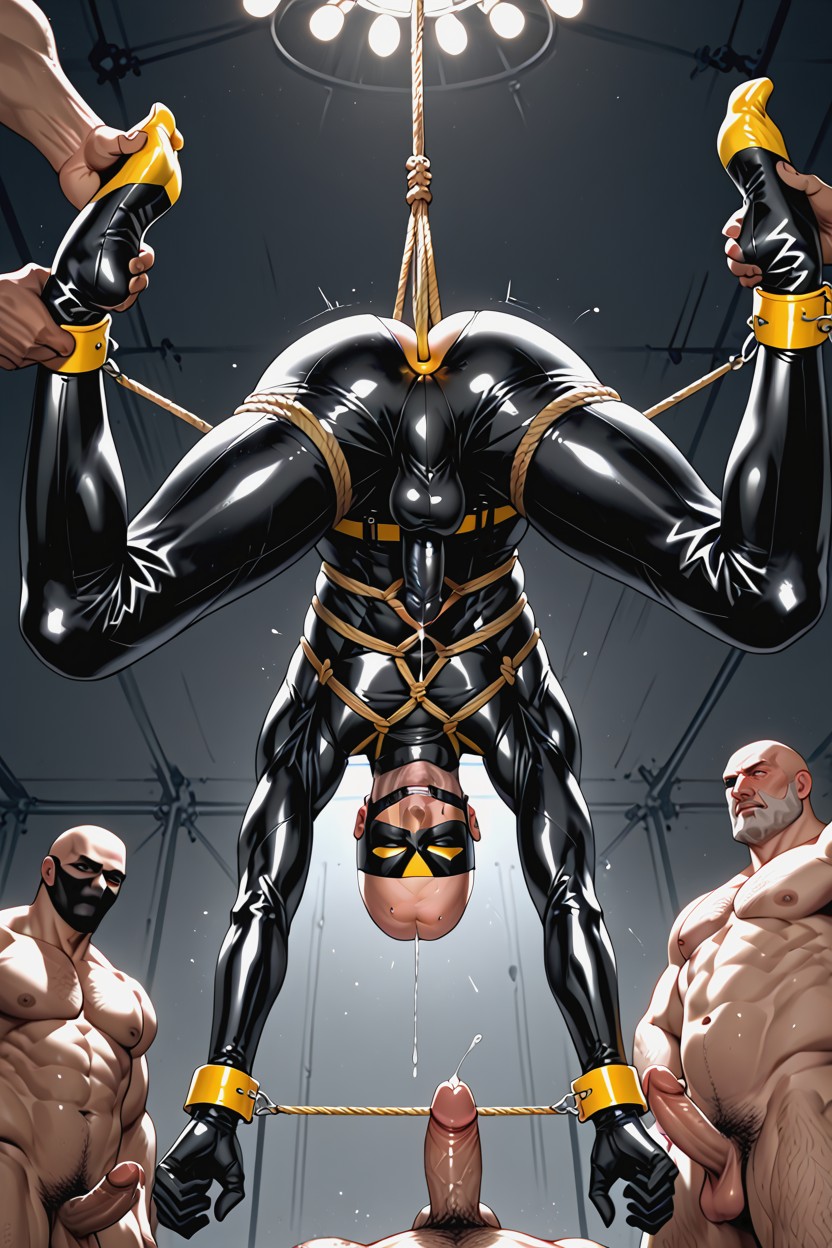 Rolling Eyes, Full Latex Black Head Mask, Arms Held Apart By Rope AI Gay Porn