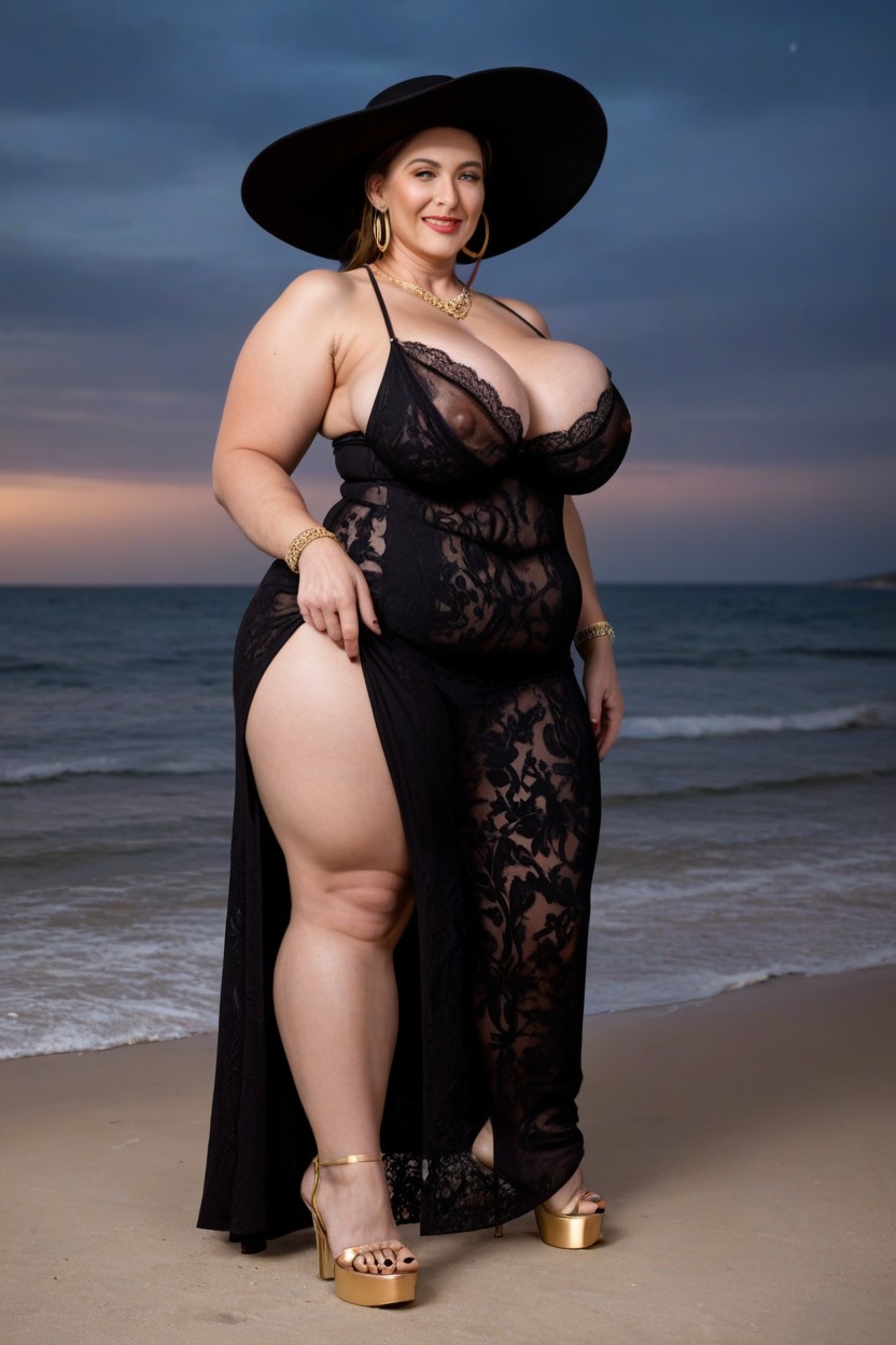 Fat Belly Bottom, Wearing Golden Open Toes High Heels, Wearing Ear Loop MILF AI Porn