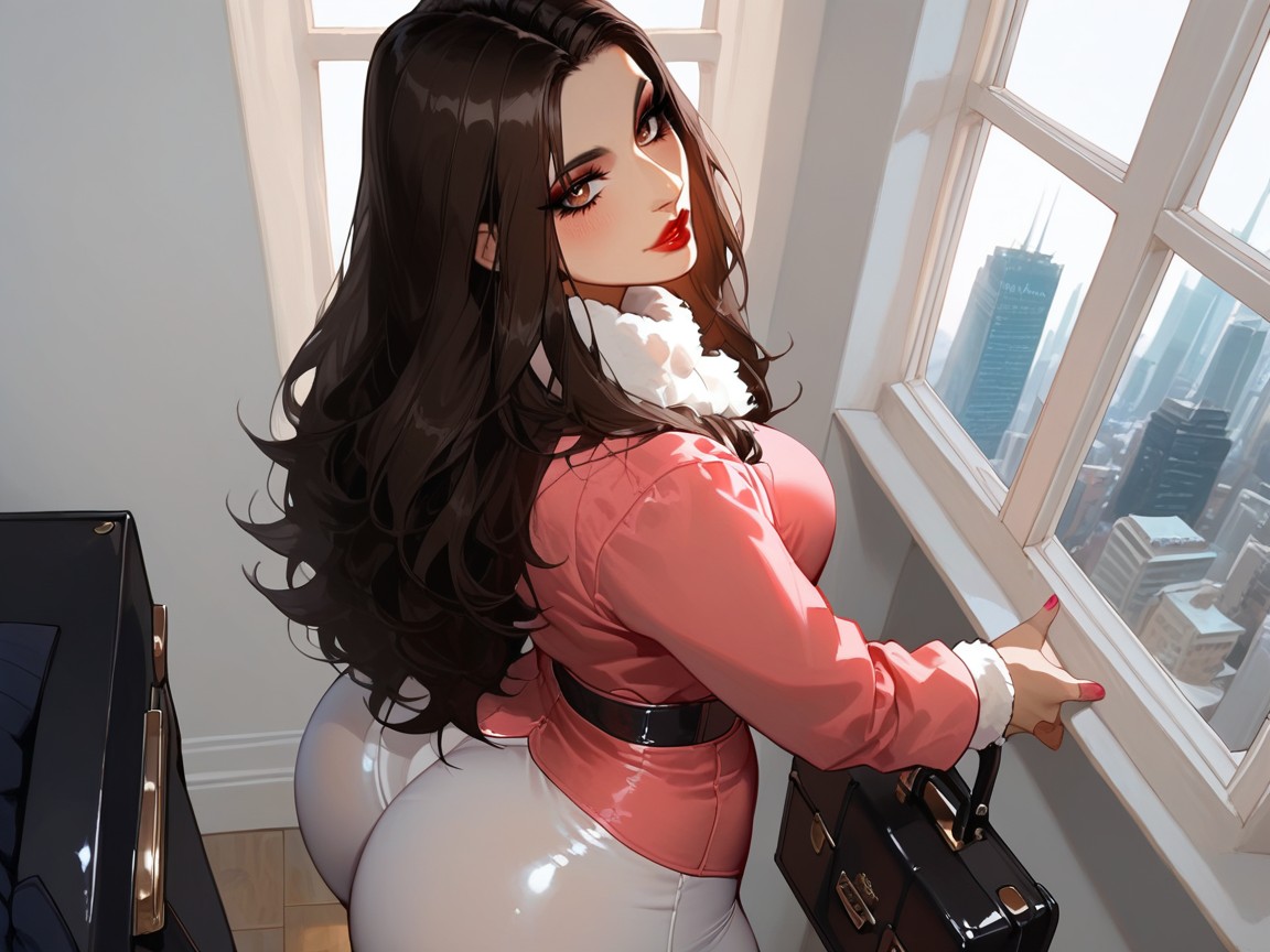Pretty Diva Face, Pink Fedora, City Skyline In Background AI Porn