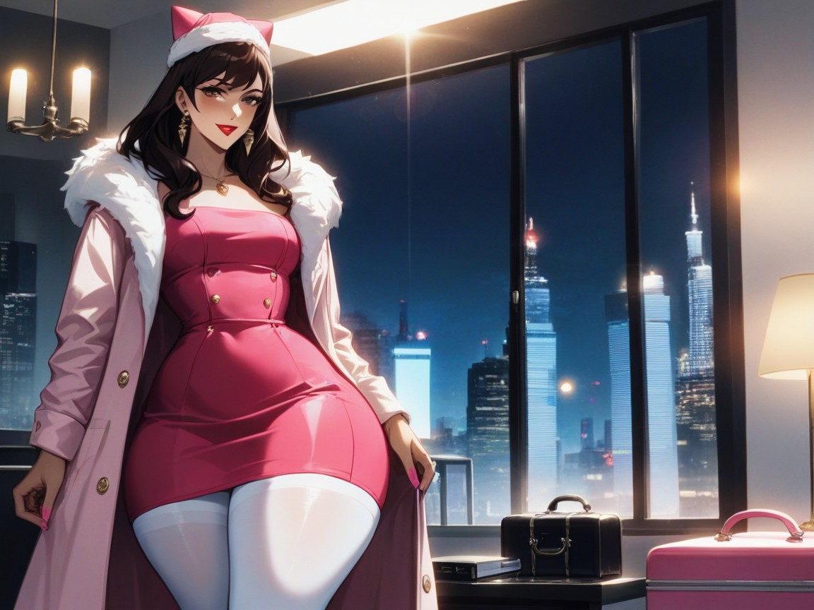 White Fur Scarf, Woman Holding Pink Briefcase, Pale Tan Skin ヘンタイAIポルノ