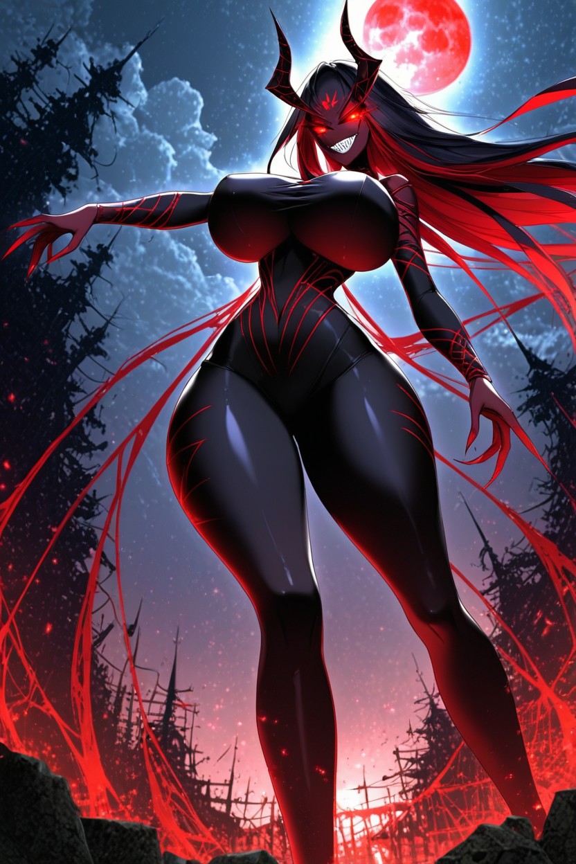 Long Hair Covering One Side Of Face, Red Moon, Hourglass Body ヘンタイAIポルノ