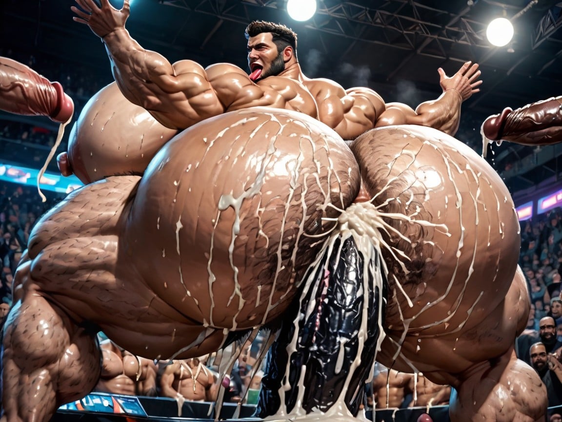 Harem, Massive Thick Bulky Hairy Muscles, Rough Hyper Huge Cocks Everywhere On Him AI Gay Porn