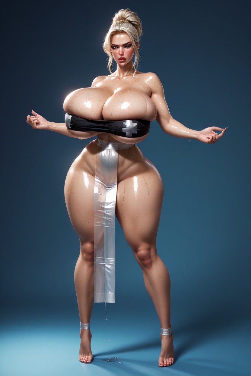 Squeezing Breasts, Oiled Up, Piel Grasa Porno IA