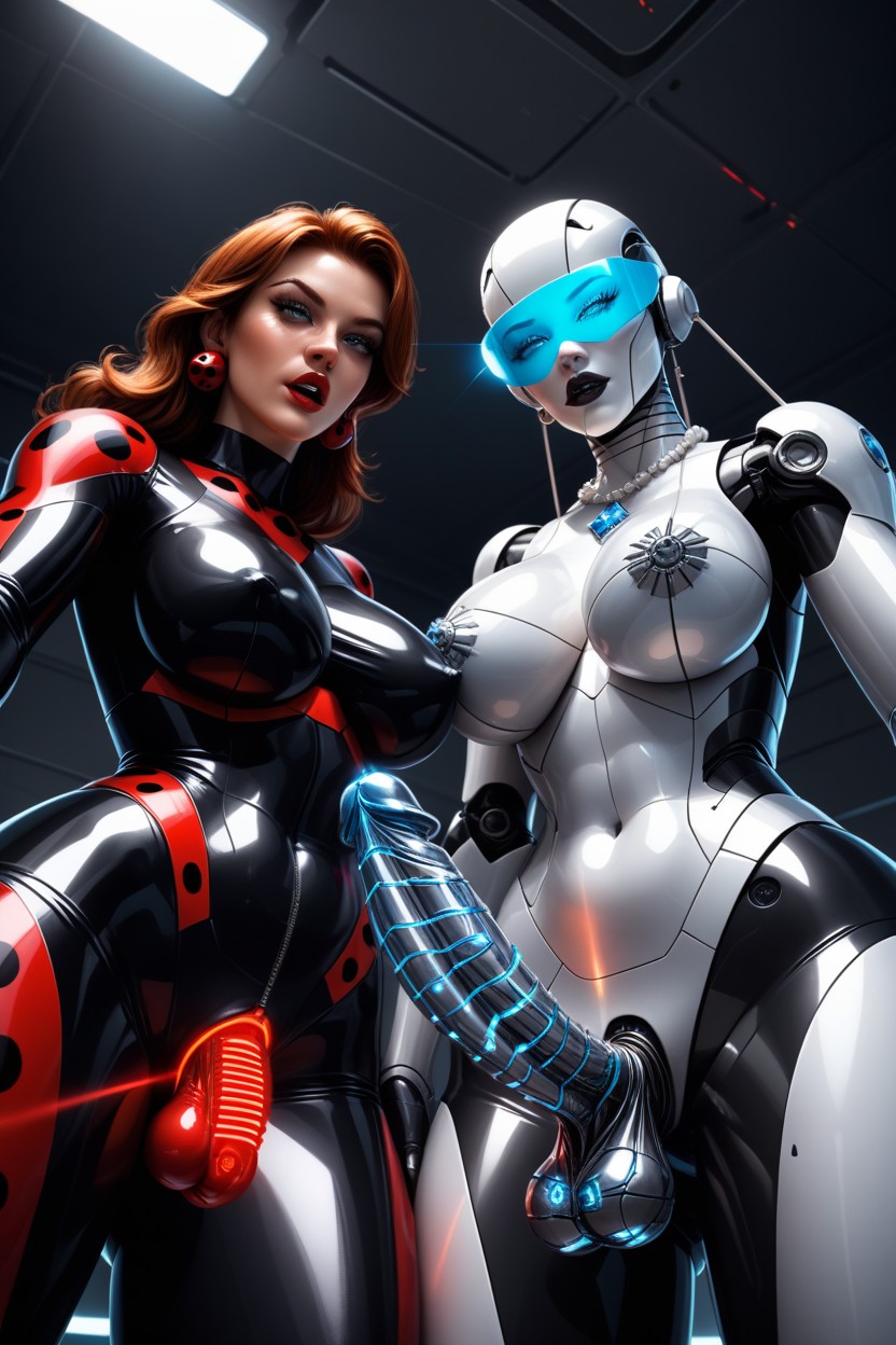 Metallic Robot Penis Attached With Metallic Pussy, Diamond Earrings, Tall Heeled Wedges AI Porn