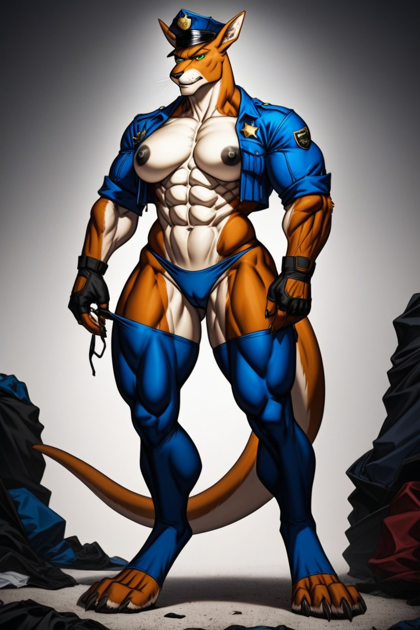 Dark Blue Thigh Highs, Bald, Large Biceps Furry AI Porn