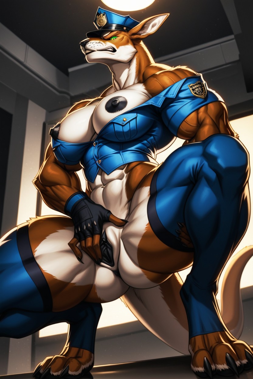 Extremely Muscular, Long Digitigrade Legs, Dark Blue Thigh Highs Furry AI Porn