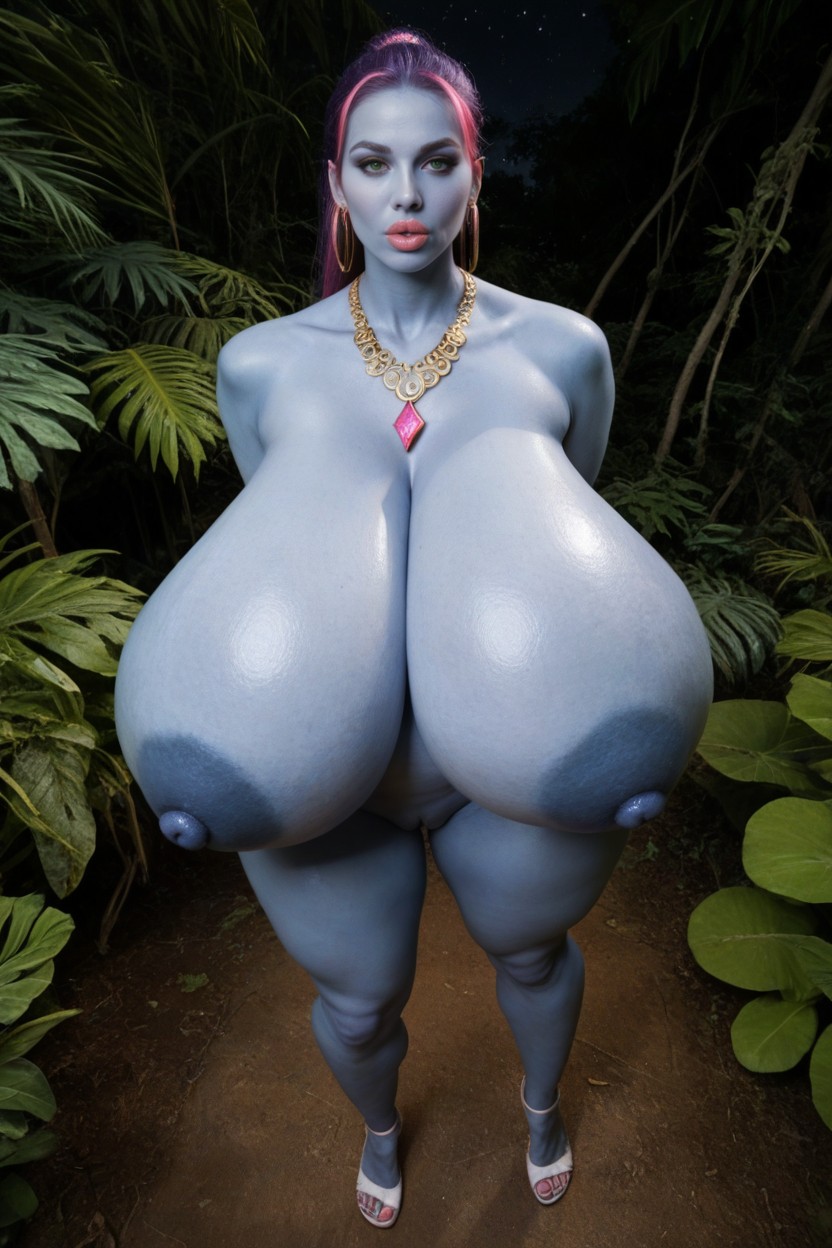 Perfect Colossal Beautiful Breasts, Long Shiny Dark Purple Hair With Pink Highlights, Hourglass AI Porn