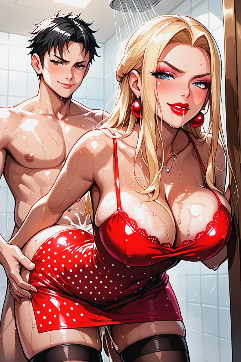 Standing, Red Silk Dress With Polka Dots, Convulsion AI Porn