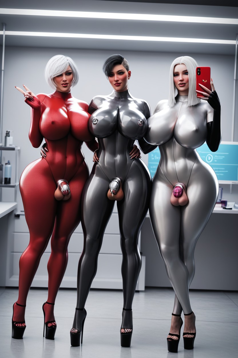 Dimly Lit, Selfie, Erect Metallic Nipples Shemale AI Porn