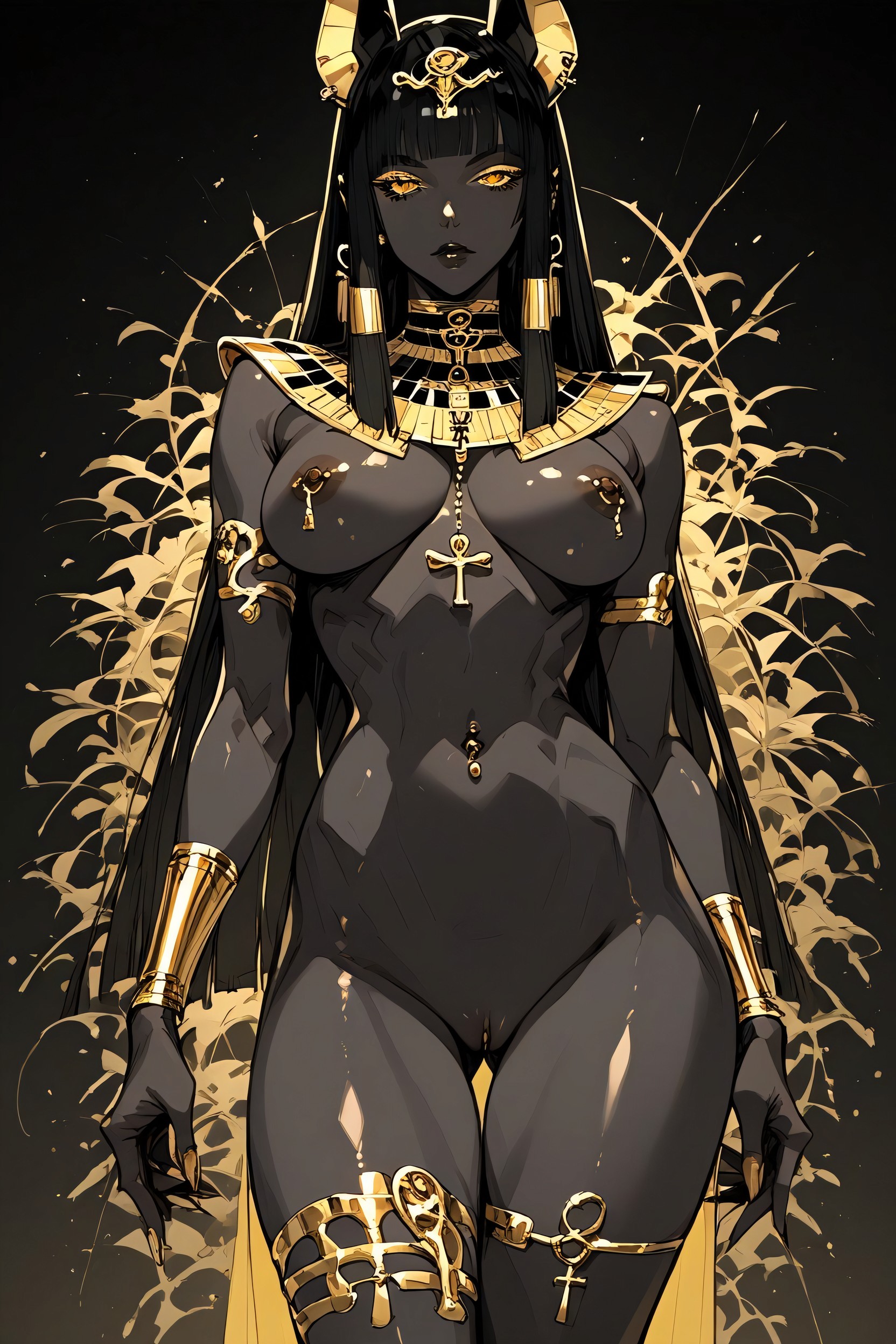 Gold Navel Piercing, Gold Earrings, Black Lips Hentai AI Porn