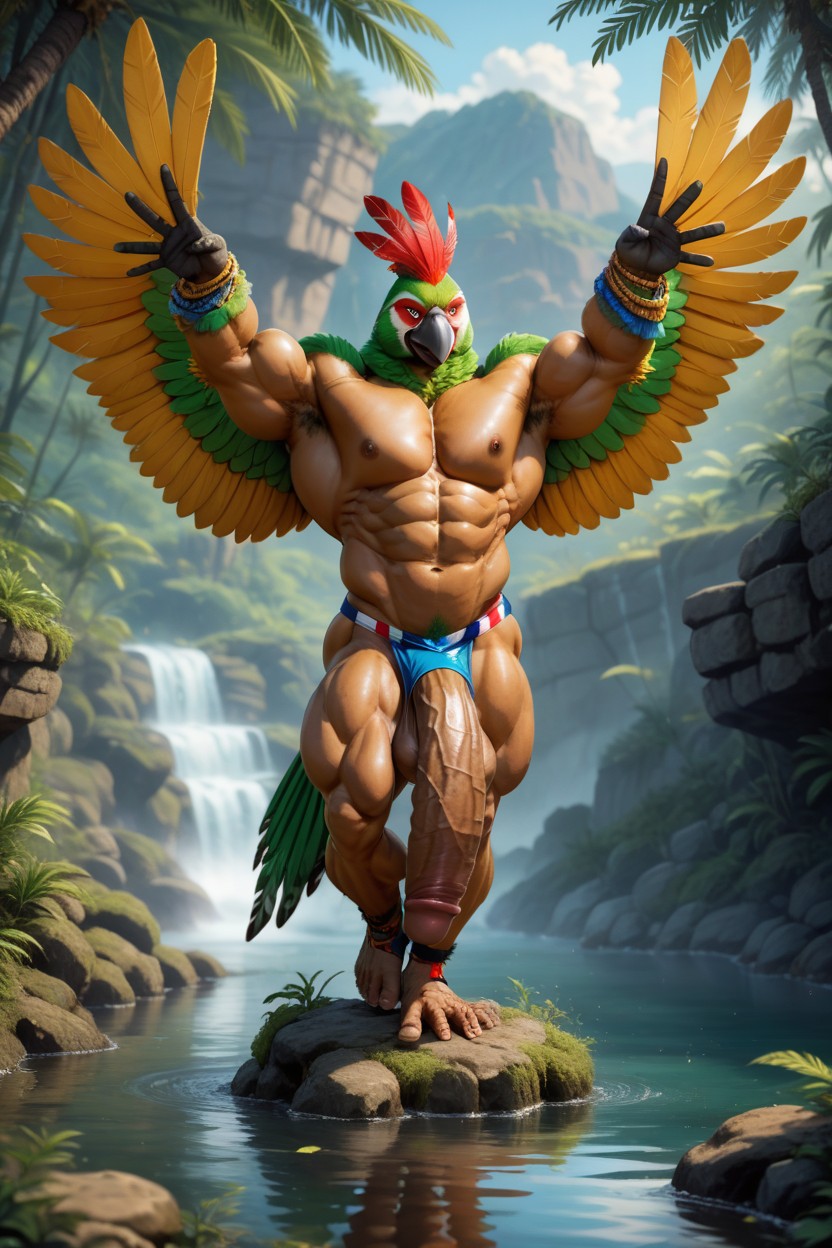 Parrot Wings Folded Forward, Smile, Green+red+yellow AI Gay Porn