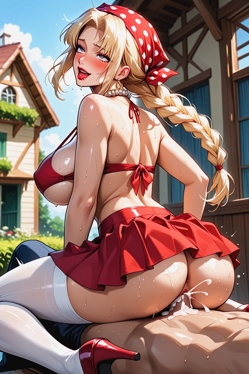 Cowgirl (3rd Person), Red Skirt With Polka Dots, Bimbo Pinup Style Blonde Housewife Hentai AI Porn