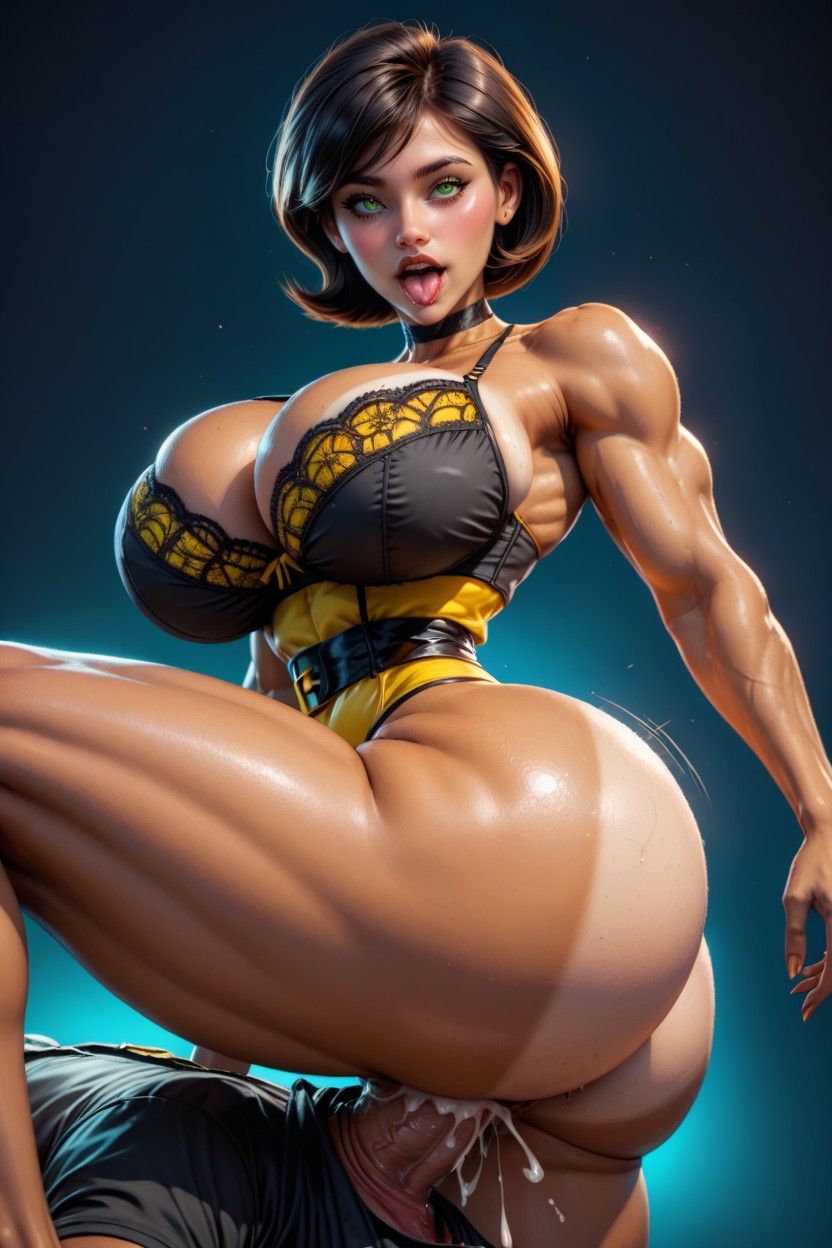 Thong Around Leg, Thick Muscular Body, Highly Detailed Realistic Green Eyes AI Porn