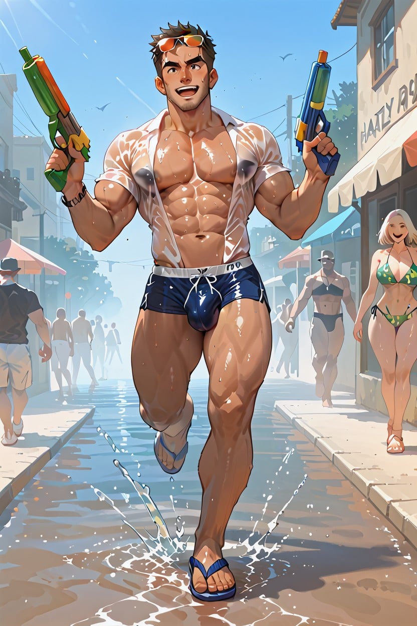 Wide Shoulders, Tan Skin, Happy AI Gay Porn
