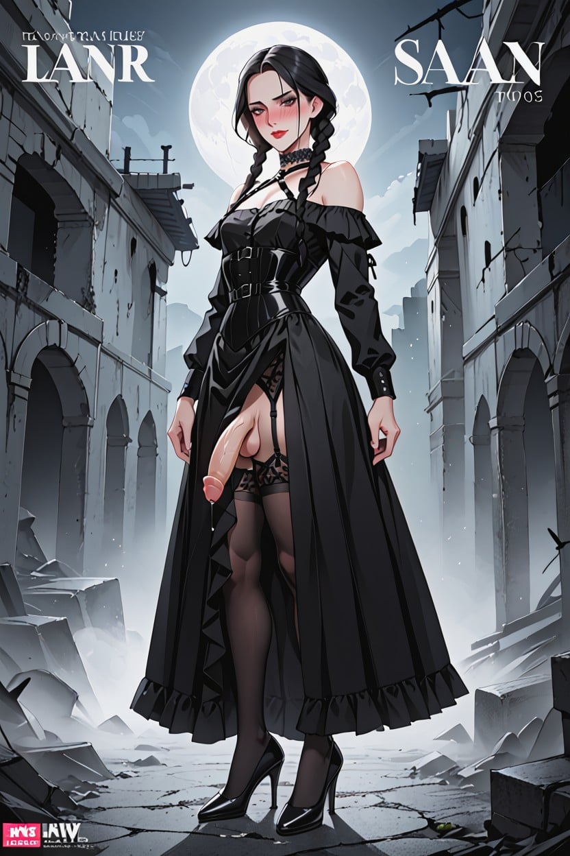 Fashion Magazine Cover, Black Latex Lace Up Corset With Harness, Precum From Her Penis Shemale AI Porn
