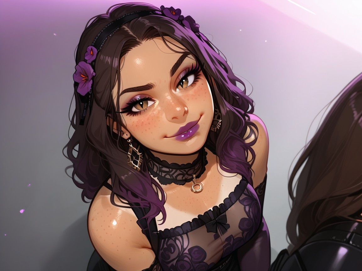 Purple Flower In Hair, Purple Floral Print Slit Gown, Primer Plano Porno IA