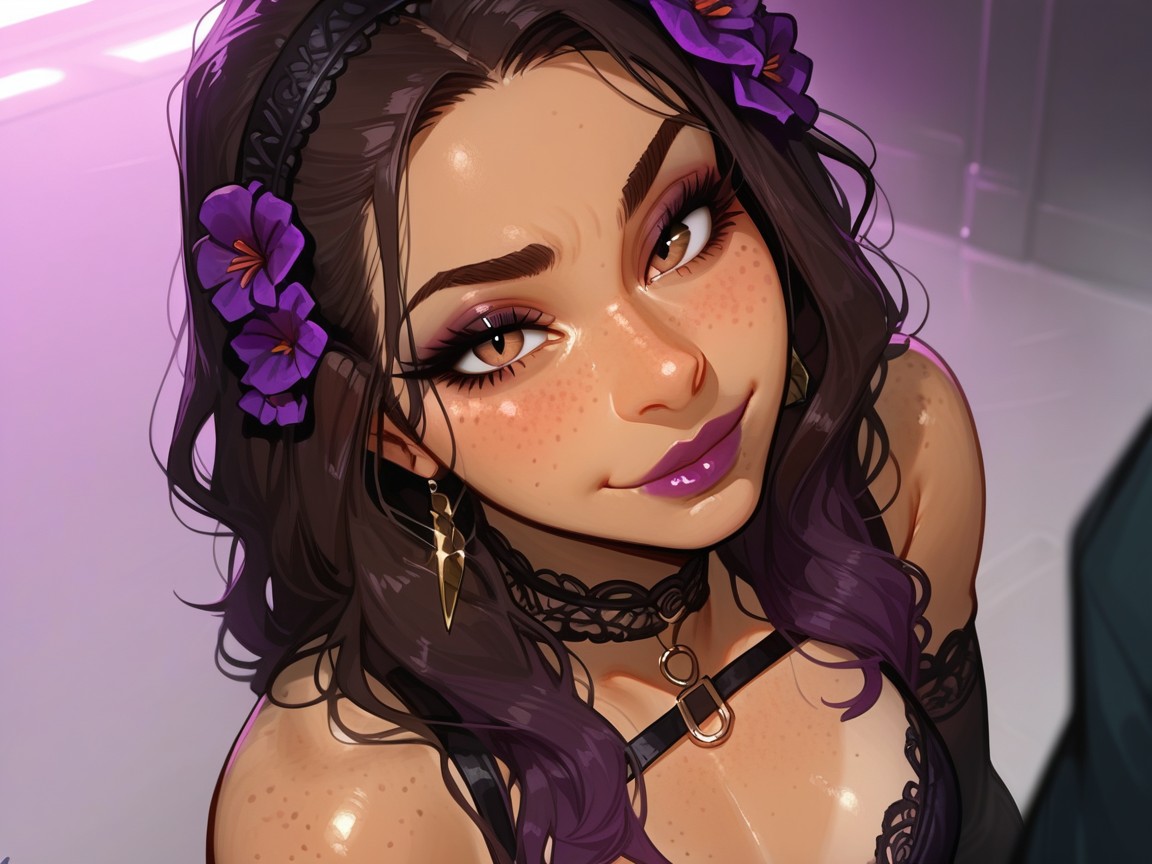 Ultra Detailed, De Arriba A Abajo, Black Permed Hair With Purple Highlights Porno IA