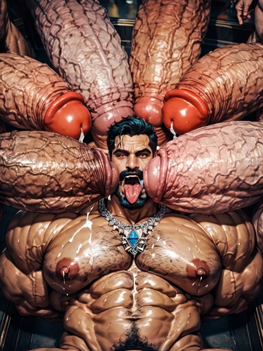 Squatting, Massive Thick Bulky Hairy Muscles, Necklace AI Gay Porn