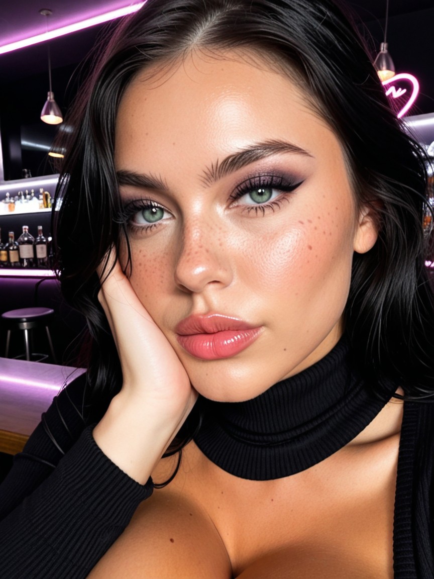 Wide Hips, Side Close Up Face, Pink Neon Light Haze AI Porn