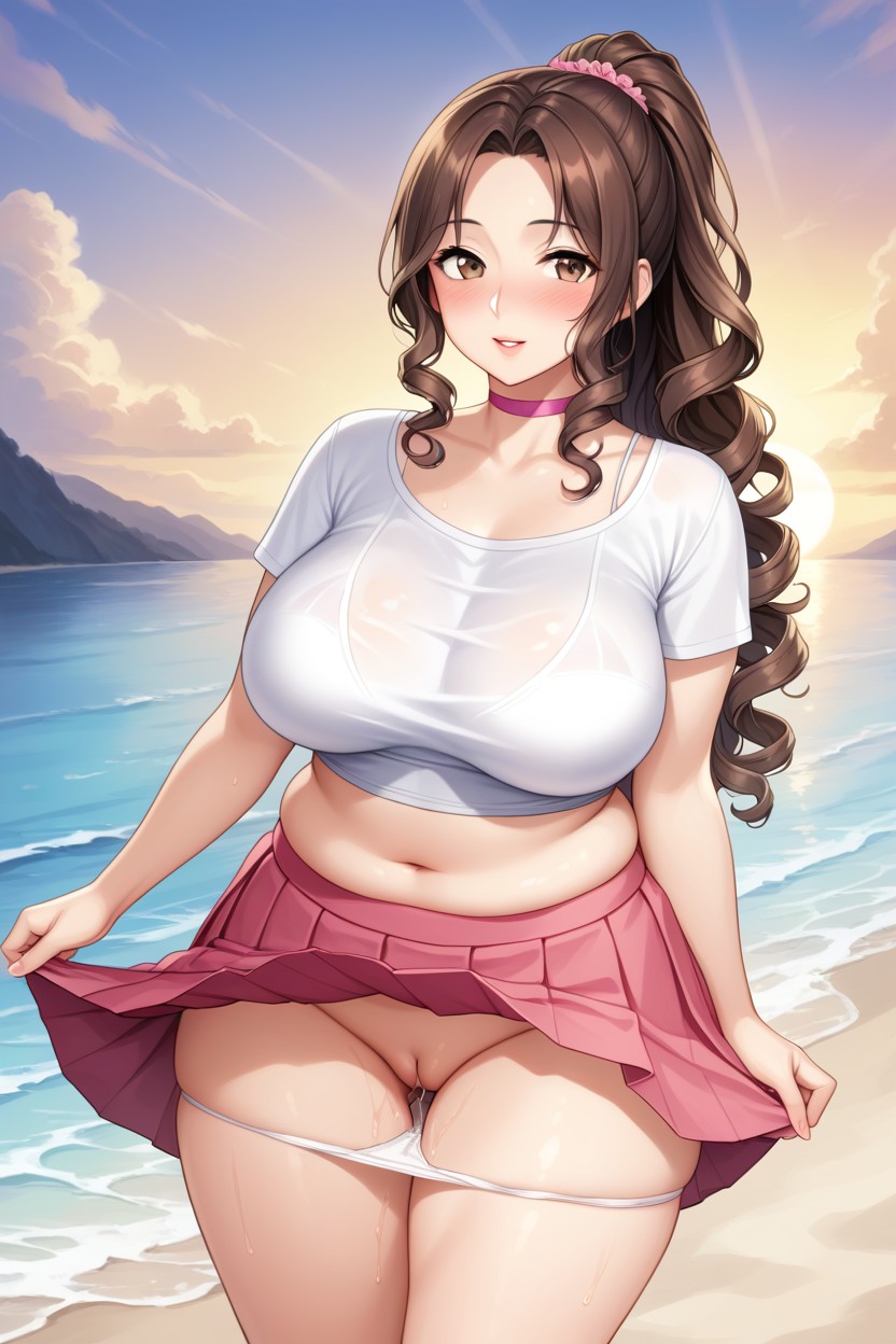 Pink Pleated Skirt, Beach, Curly Hair Hentai AI Porn
