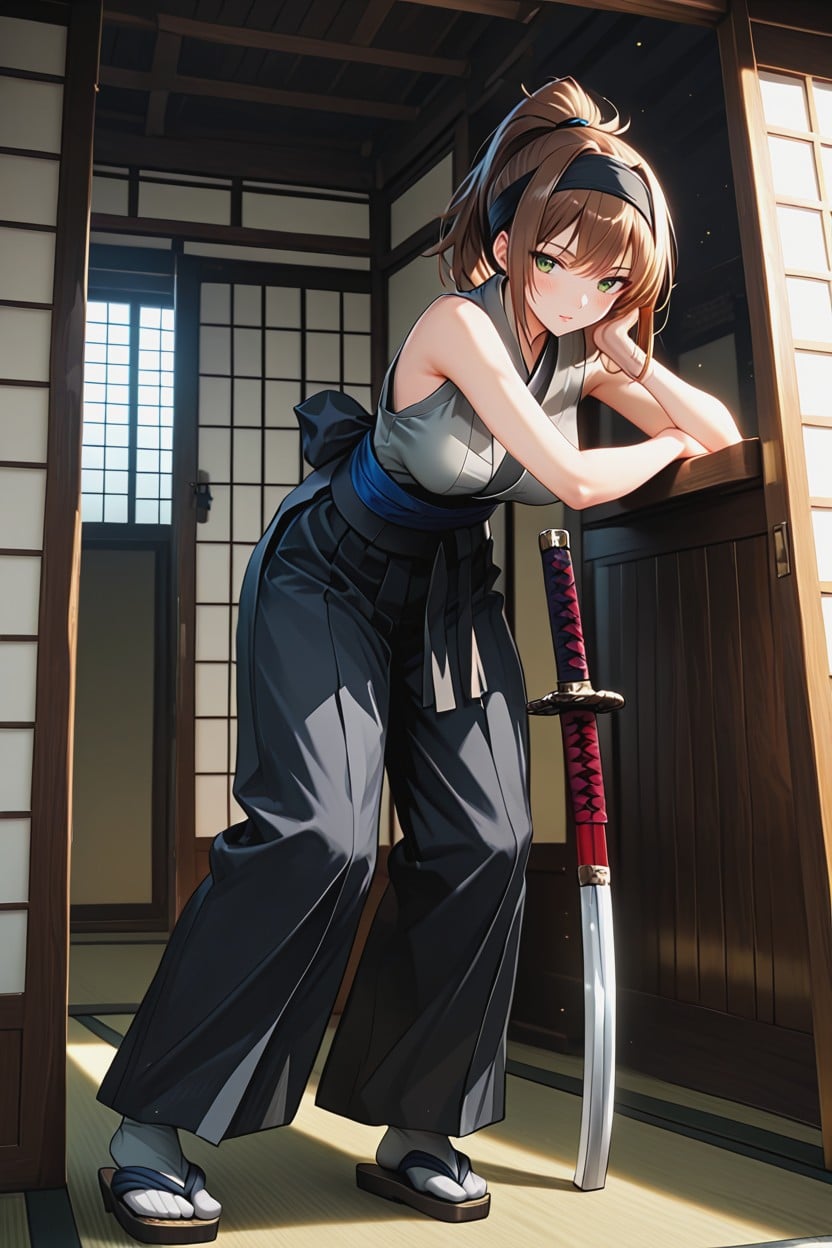 Side View, Ninja Sword In One Hand, Medium Brown Hair Hentai AI Porn