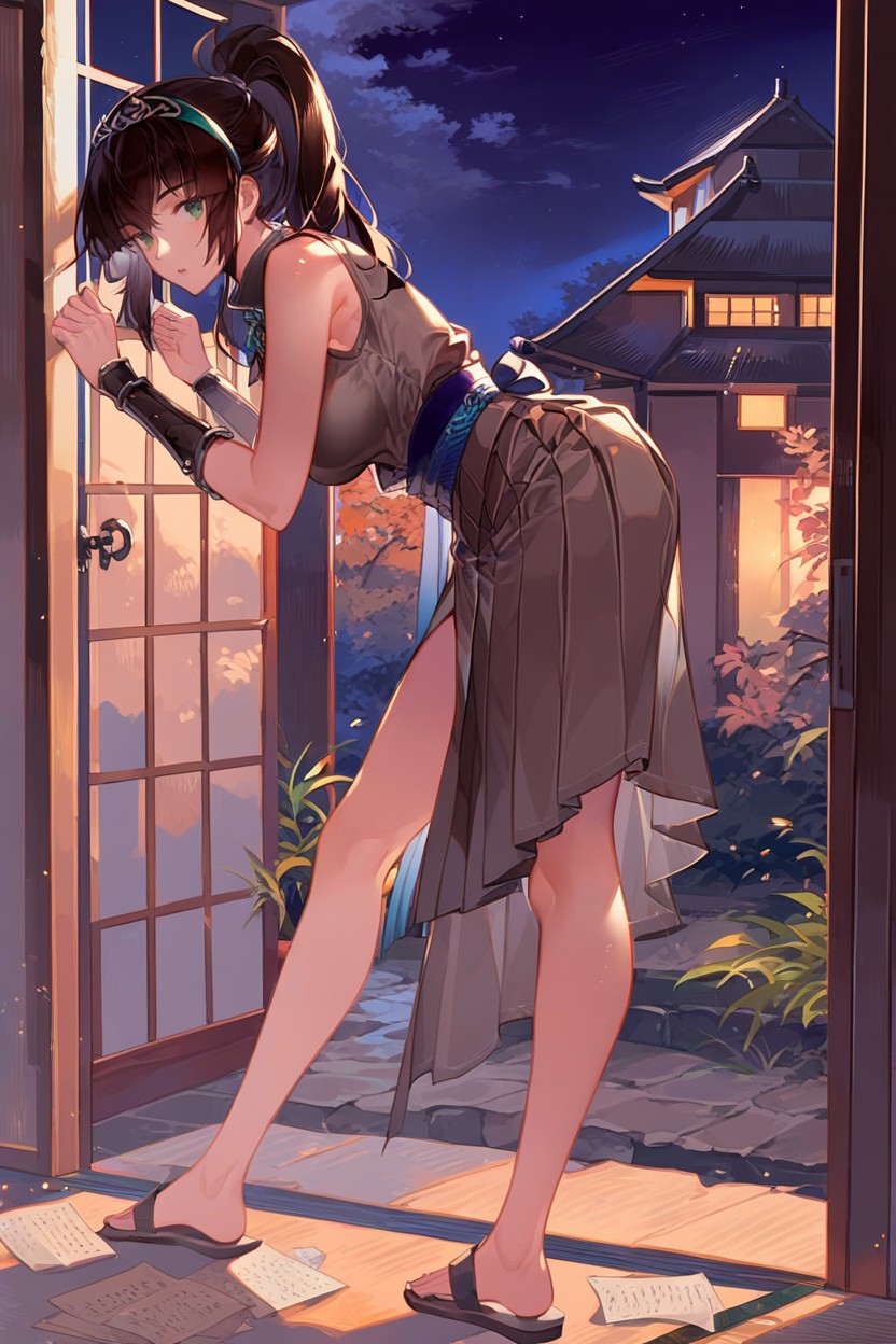 Dark Grey Cloth Headband, Side View, Sneaking Hentai AI Porn