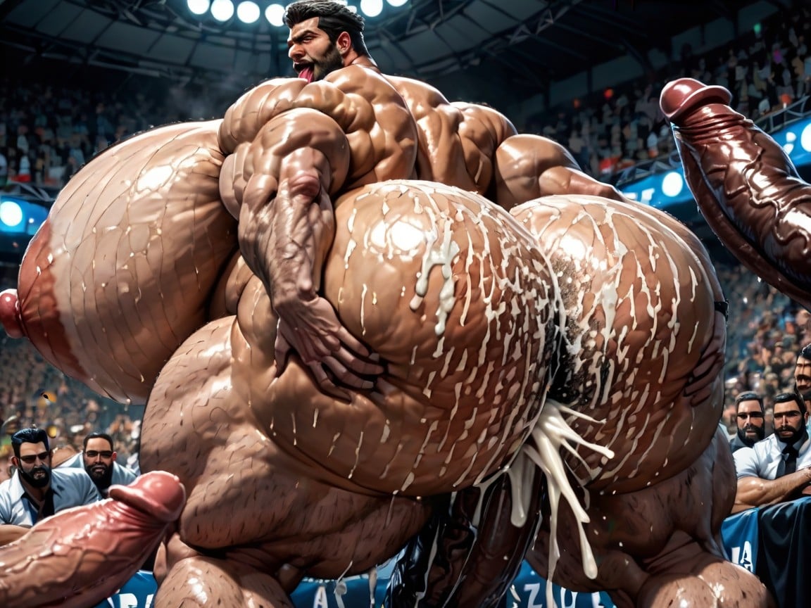 Massive Thick Bulky Hairy Muscles, Mouth Agape, Gay Gangbang AI Gay Porn