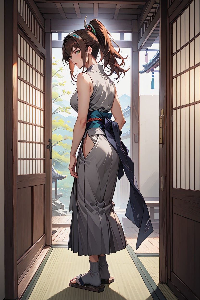 18+, Split Hair Bangs, Grey Sleeveless Kosode Hentai AI Porn