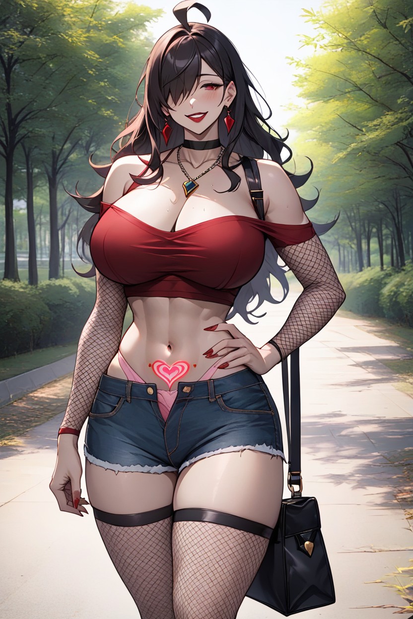 Blurred Trees Background, Tight Black Denim Shorts, Long Red Nails Hentai AI Porn