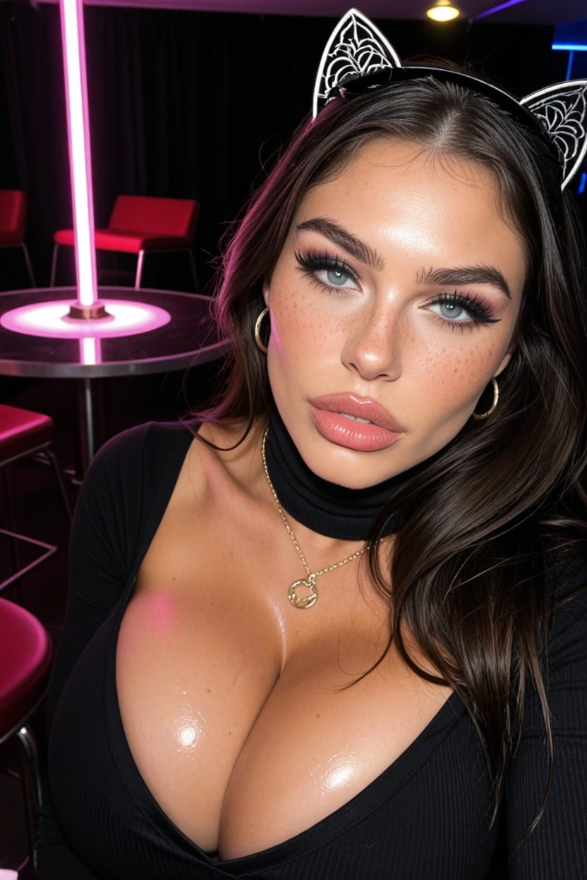 Jet Black Hair In Sultry Updo, Dark Red French Nails, Green Feline Eyes Porno IA