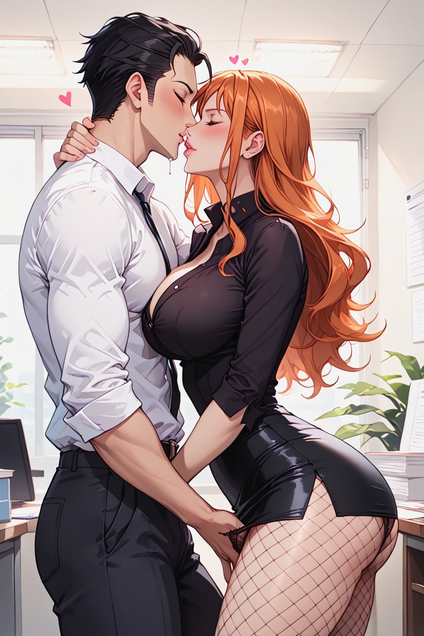 Blush, Unbuttoned Blouse, Pencil Skirt Hentai AI Porn