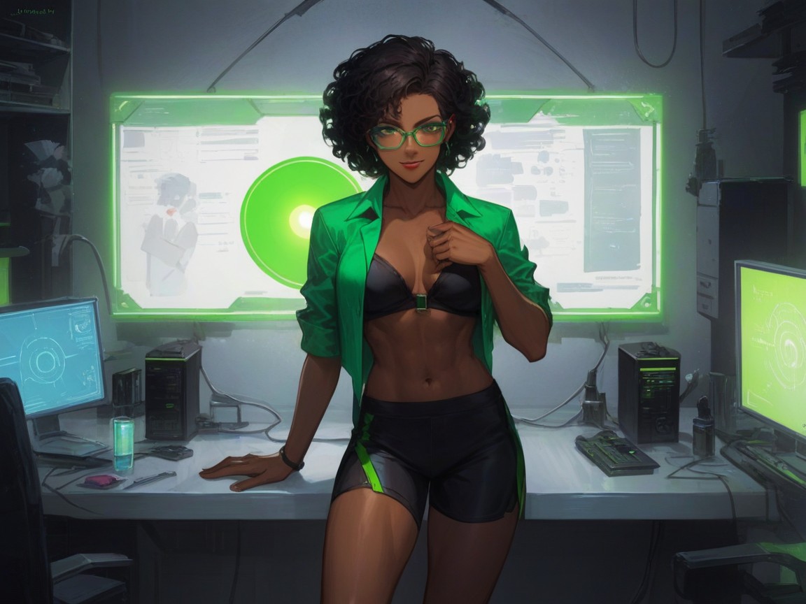 Computer Room, Squared Chest Width, Green Neon Rim Light Hentai AI Porn