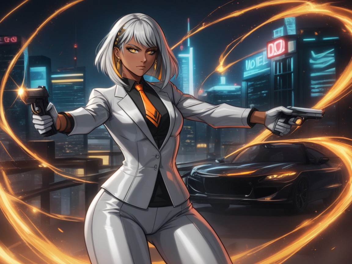 Spy Assassin, Black Bobcut Hair With Silver Highlights, Fitted Silver Suit Pants 라틴 AI 야짤