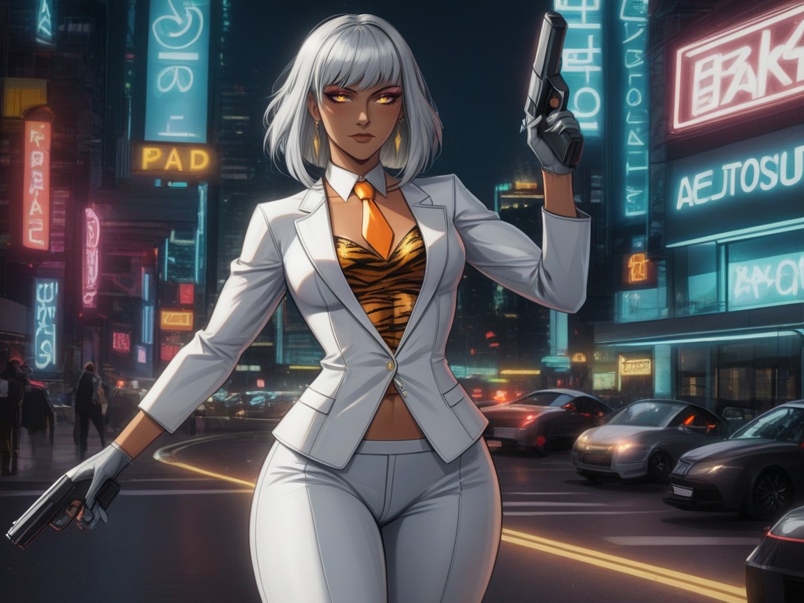 Silver Tiger Print Neck Tie, Espionage Setting, Low Torso Height Latina KI Porno