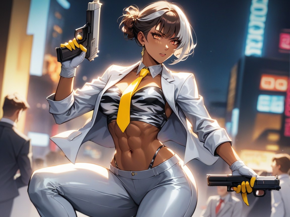 Wide Waist, Black Bobcut Hair With Silver Highlights, Pelo Blanco Hentai IA