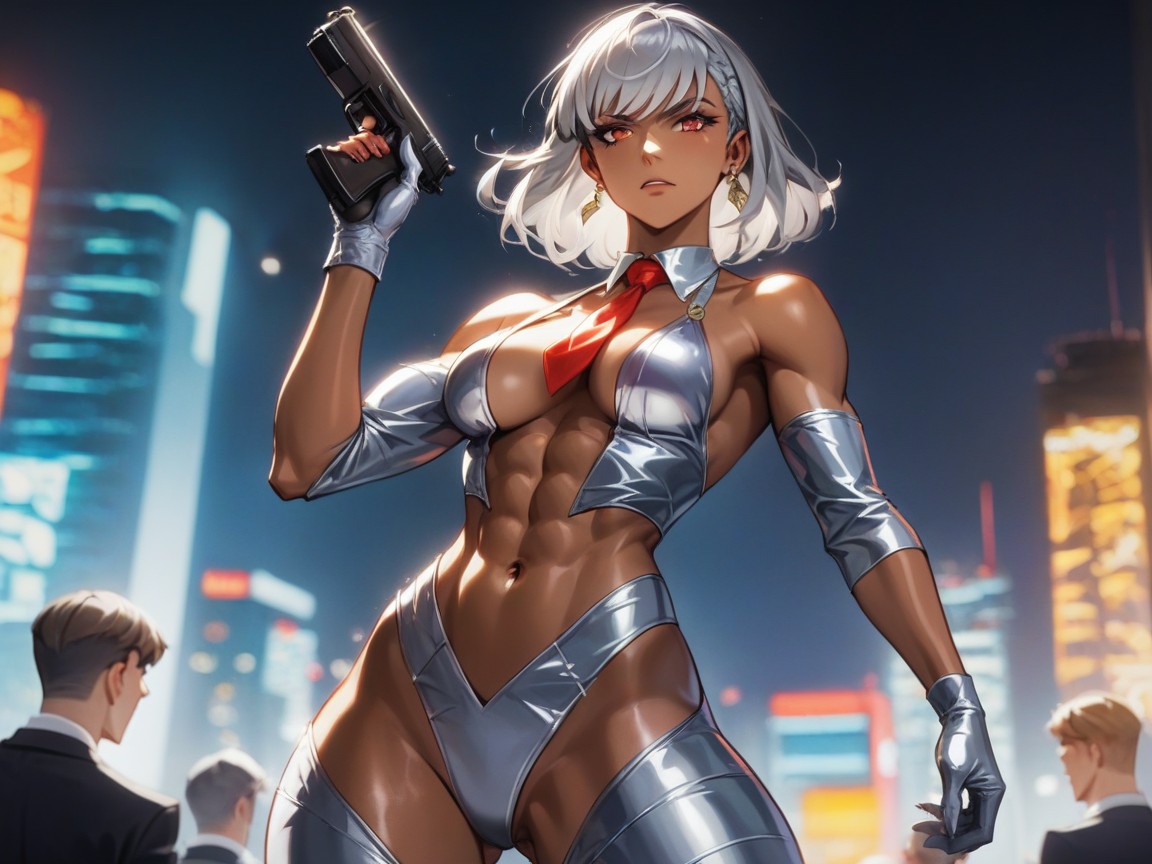Silver Glow Effect, Flequillo, Holding Silenced Pistol With Extended Suppressor Hentai IA