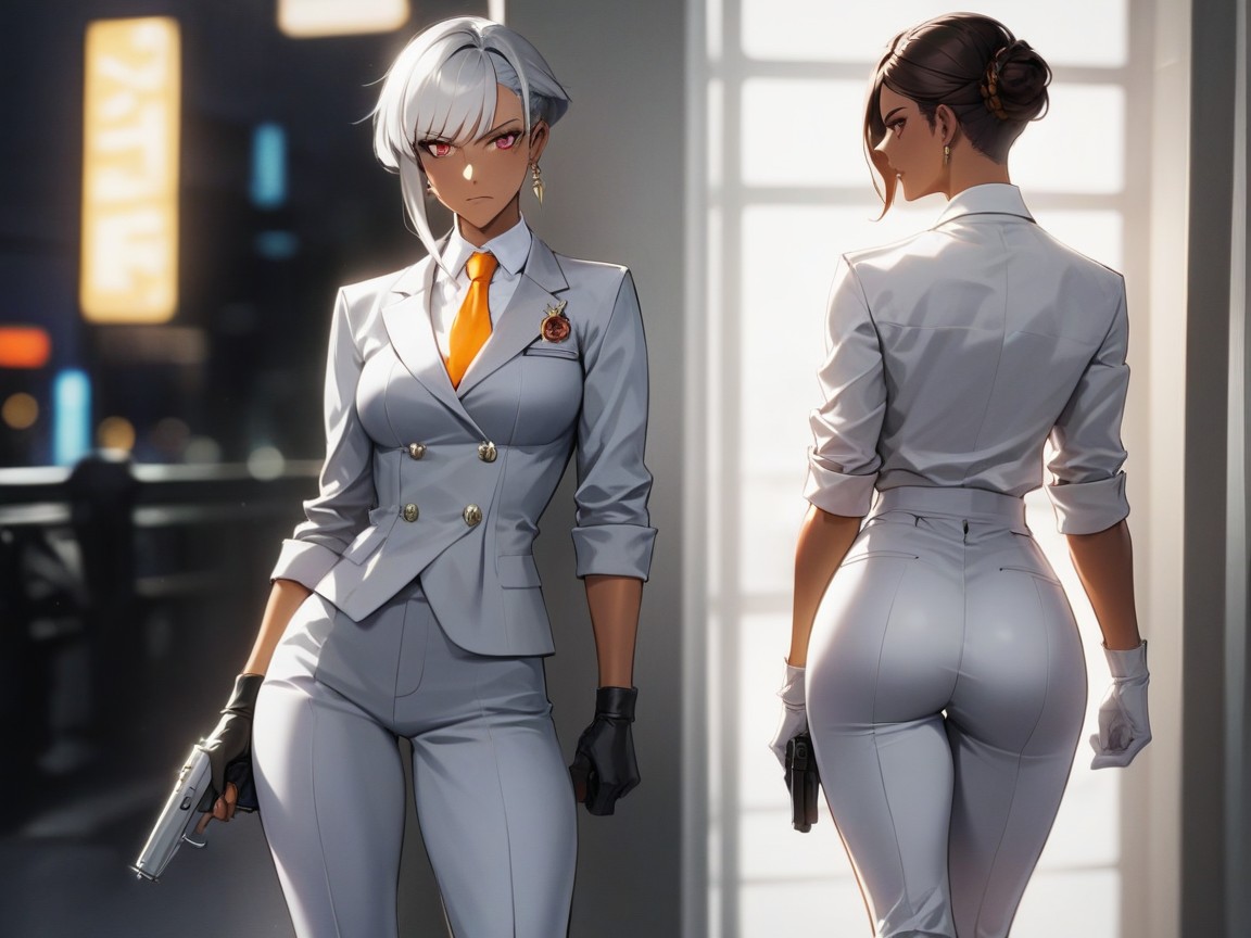 Black Bobcut Hair With Silver Highlights, Nsfw, Seitenansicht Hentai KI Porno