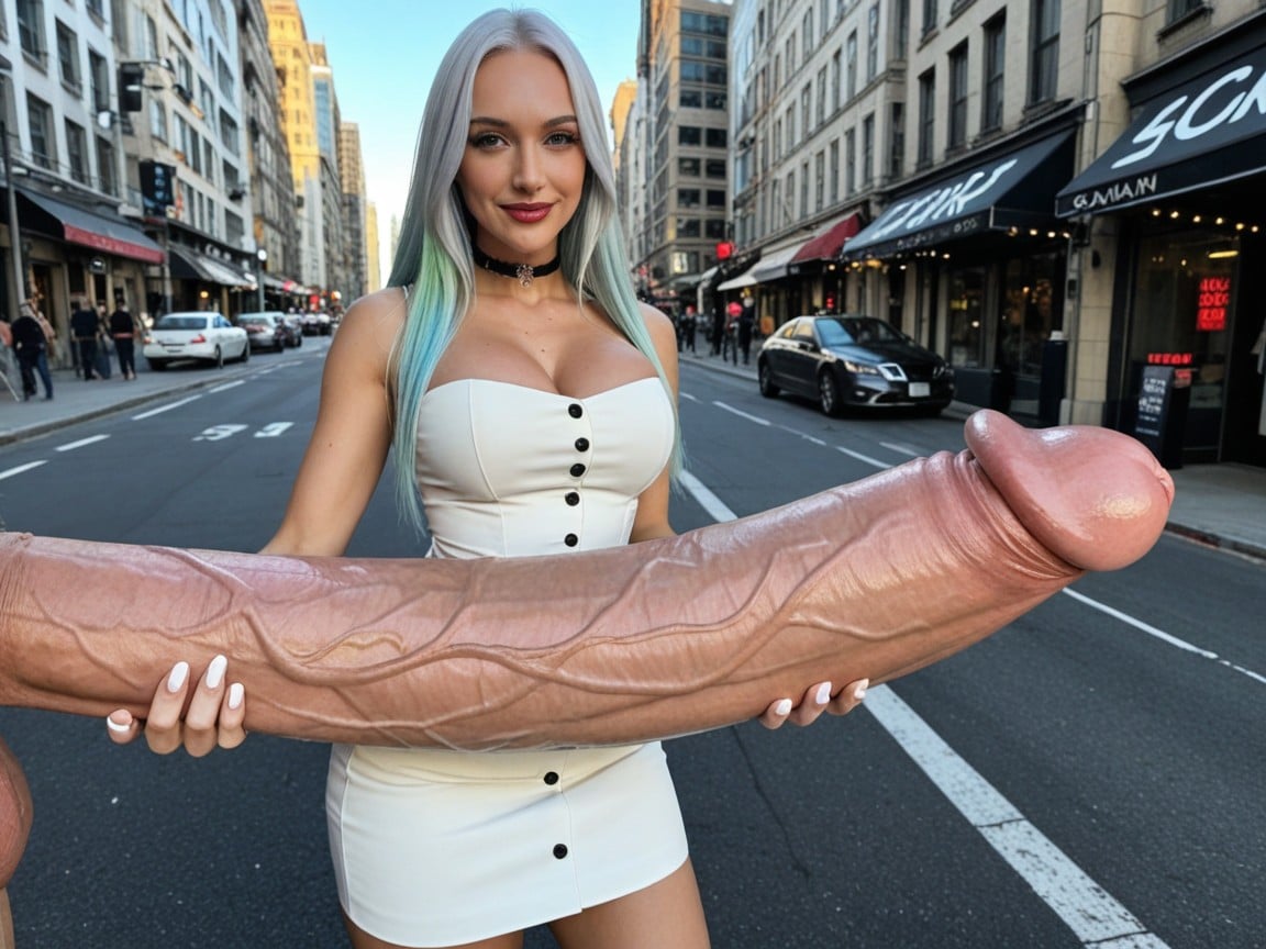 In Futuristic City Street, Both Hands Wrapped Around Her Cock, Light Skin AI Porn