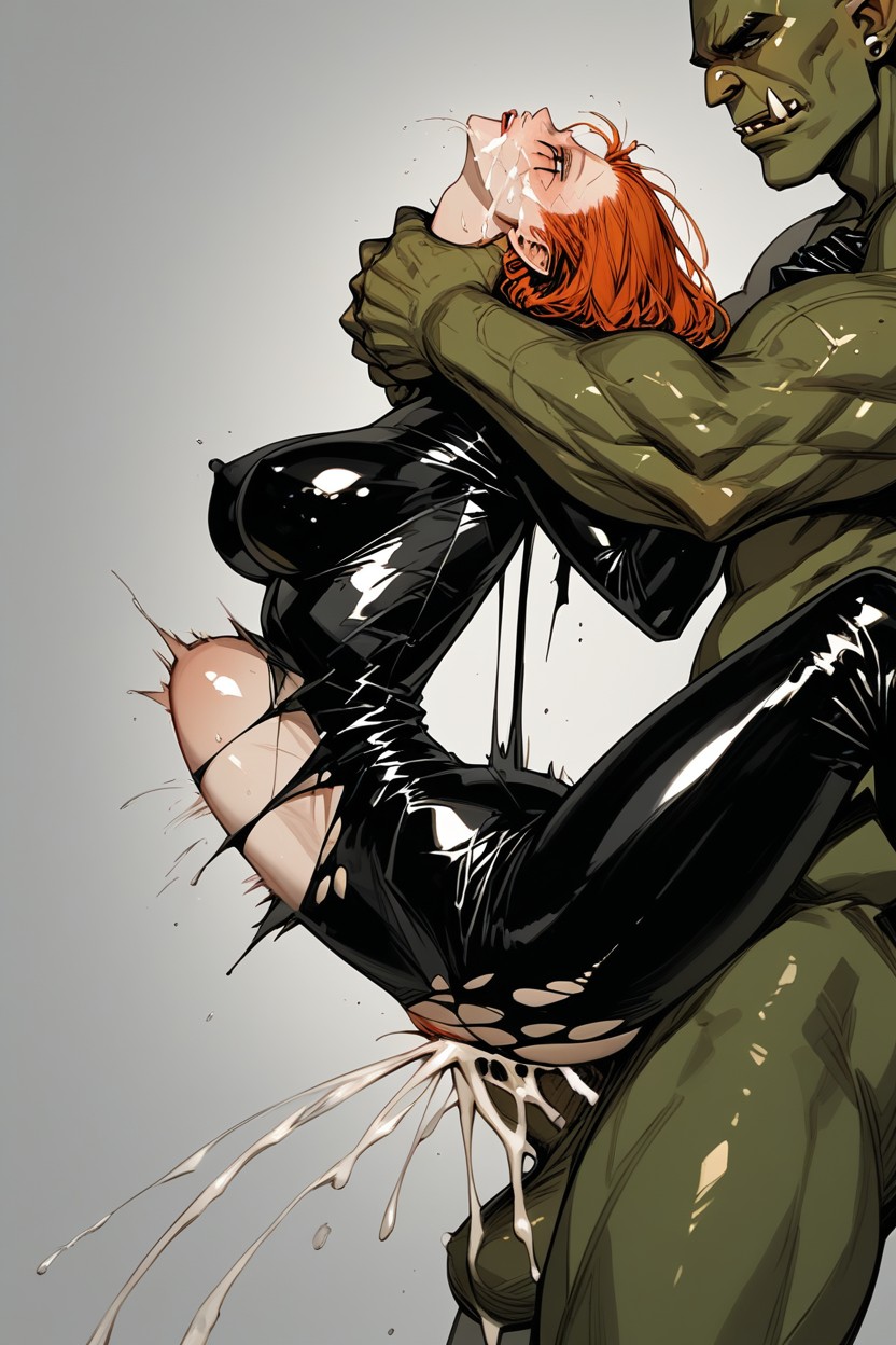 Skintight Black Leather Outfit, Stomach Bulge, Half Closed Eyes Hentai AI Porn