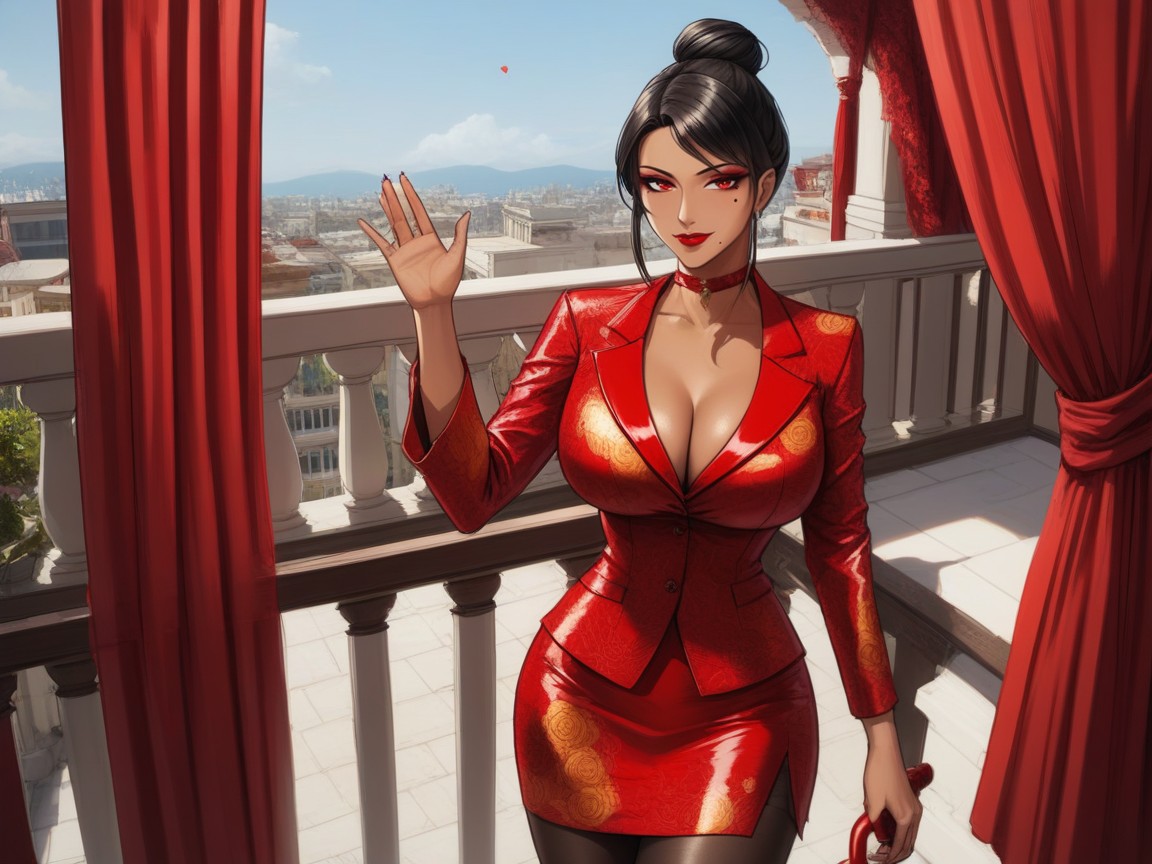 Perfect Regal Face, Red Curtains In Background, Red Glow Effect Porno IA latina