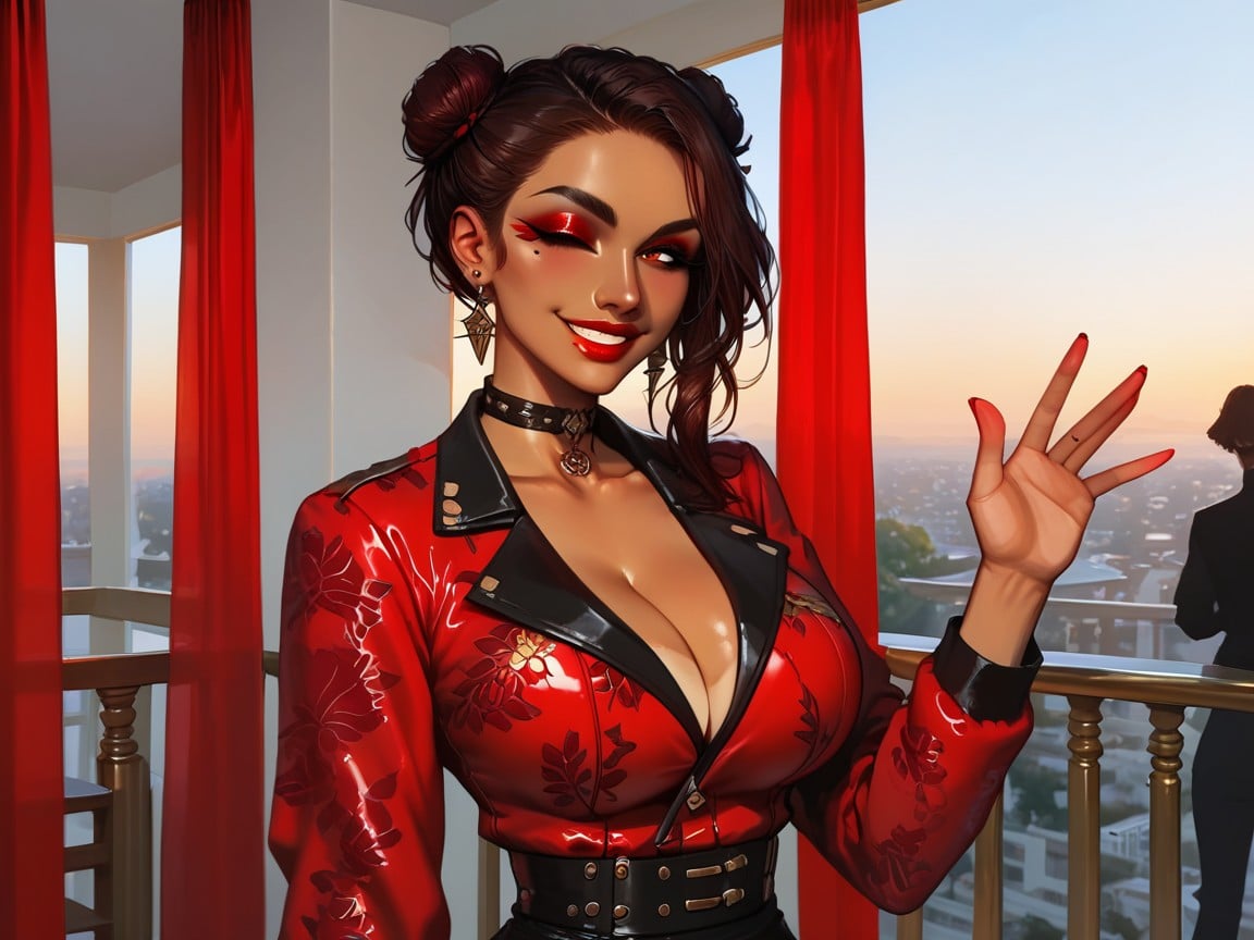 Skinny, Wearing Red Snakeprint Spy Clothes, Breast Implants AI Porn