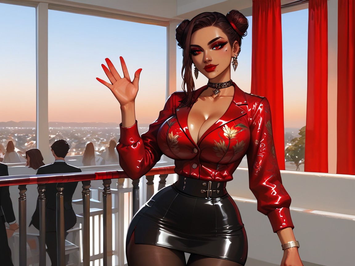 Red Curtains In Background, Pencil Skirt, Small Ass AI Porn
