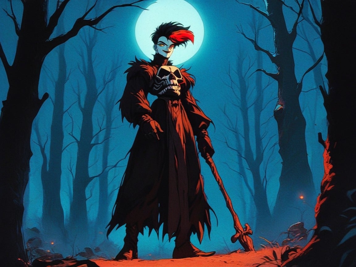 A woman in a revealing outfit next to a spooky tree