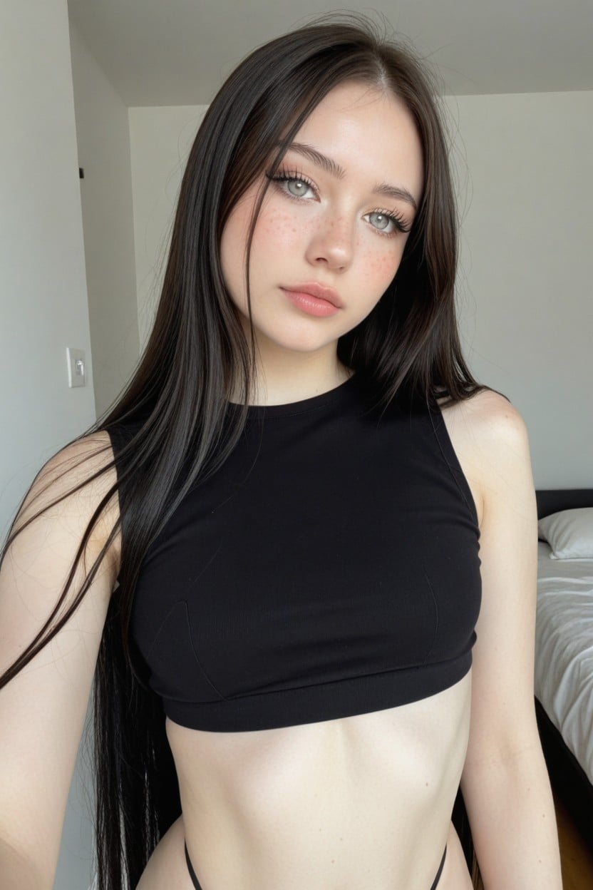 Japanese Idol, Freckles, Black Tee Shirt Crop Top AI Porn