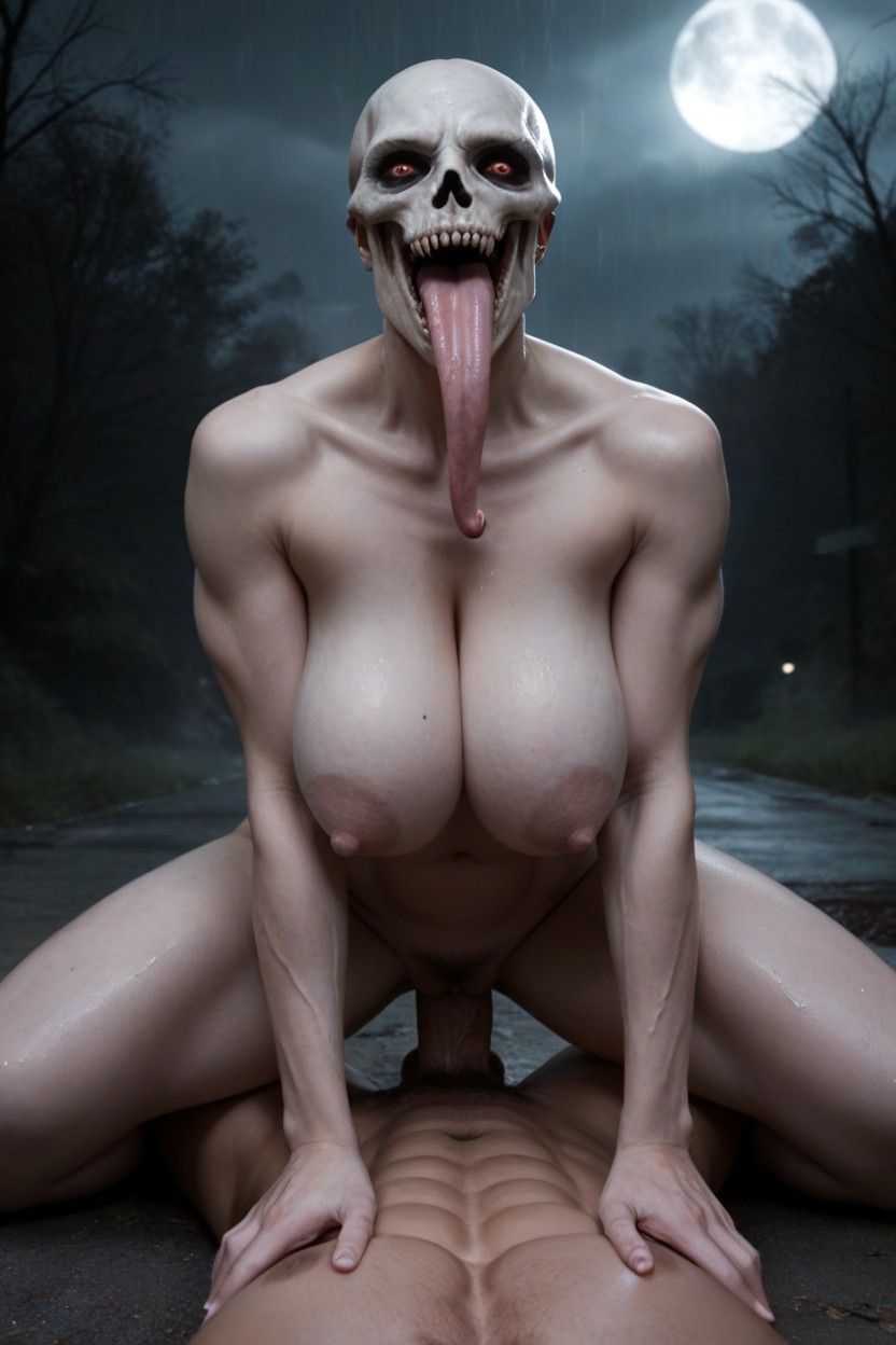 Huge Round Breasts, Low Light, Bald AI Porn